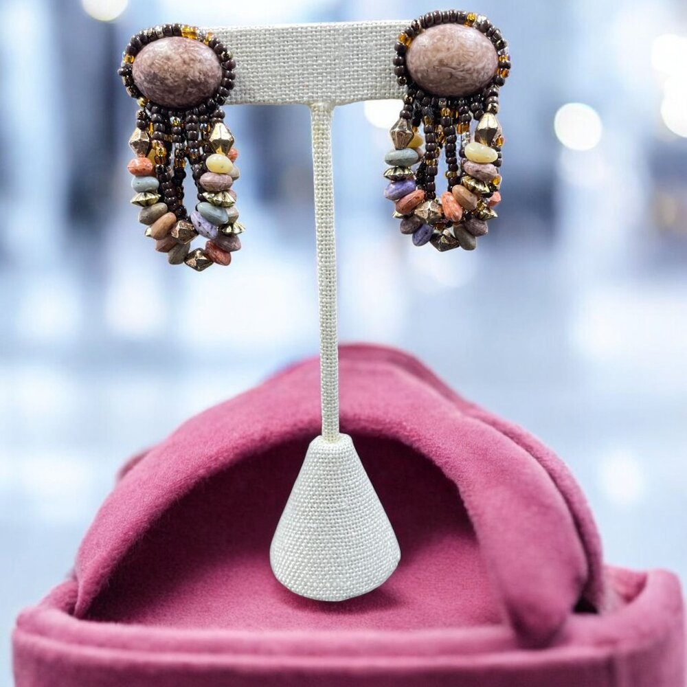 Bohemian Beaded‎ Dangle Earrings Stone Beads 1.75 Inch Rustic Earthy Festival